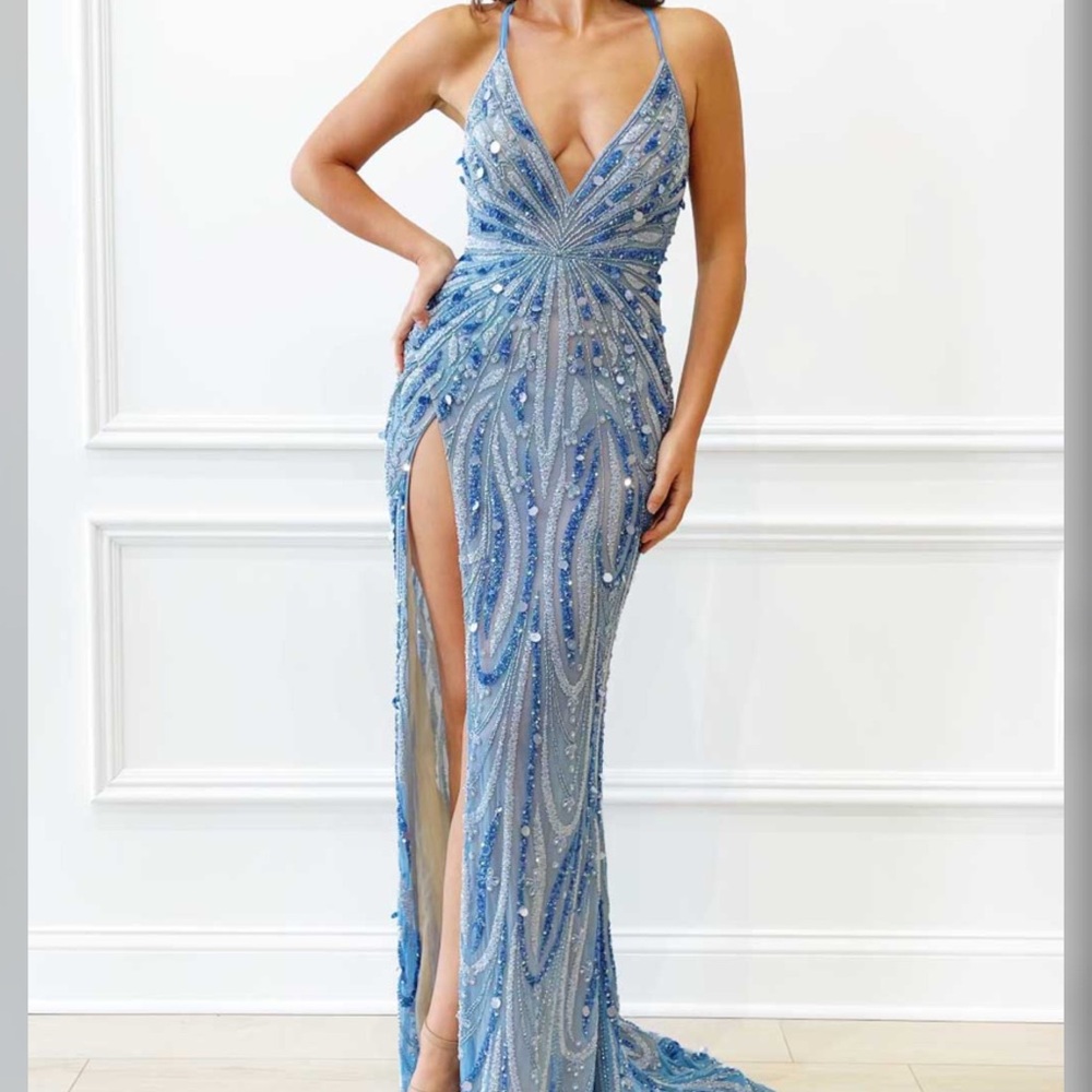 Sparkly hand beaded light blue prom dress, formal dress or pageant evening gown - Picture 4 of 4